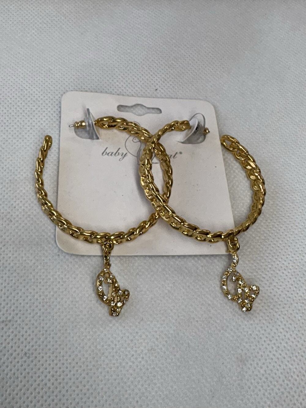 y2k Baby Phat Chain Hoop Earrings Gold tone Kitty Cat Logo Charm Rhinestone